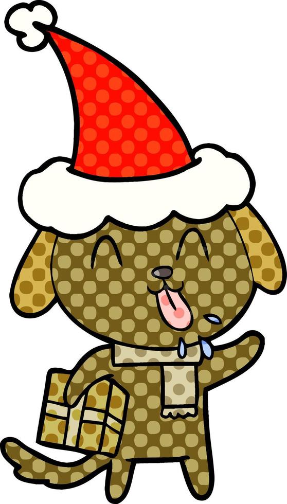 linda ilustración de estilo cómic de un perro con regalo de navidad con sombrero de santa vector