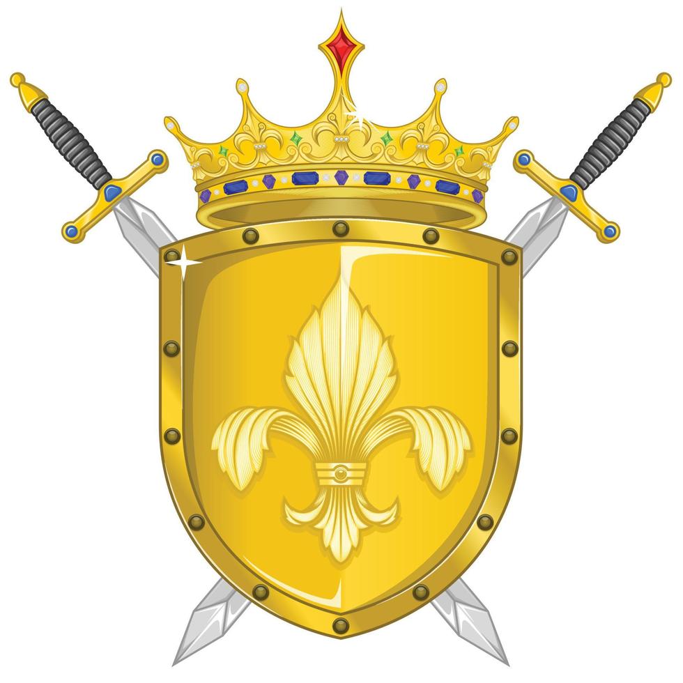 escudo heráldico coronado con flor de lirio y dos espadas. escudo heráldico de la edad media vector