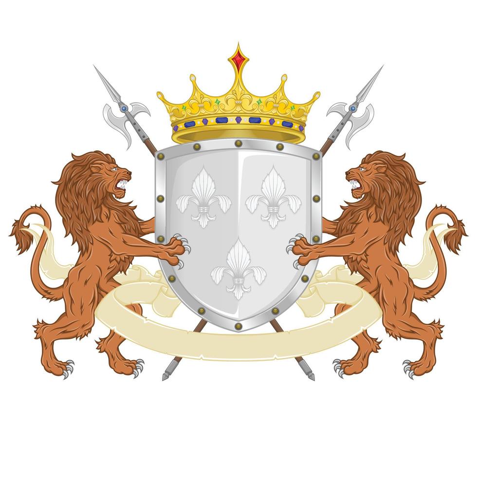 Crowned heraldic shield with three silver fleur-de-lys, flanked by two rampant lions and halberds vector