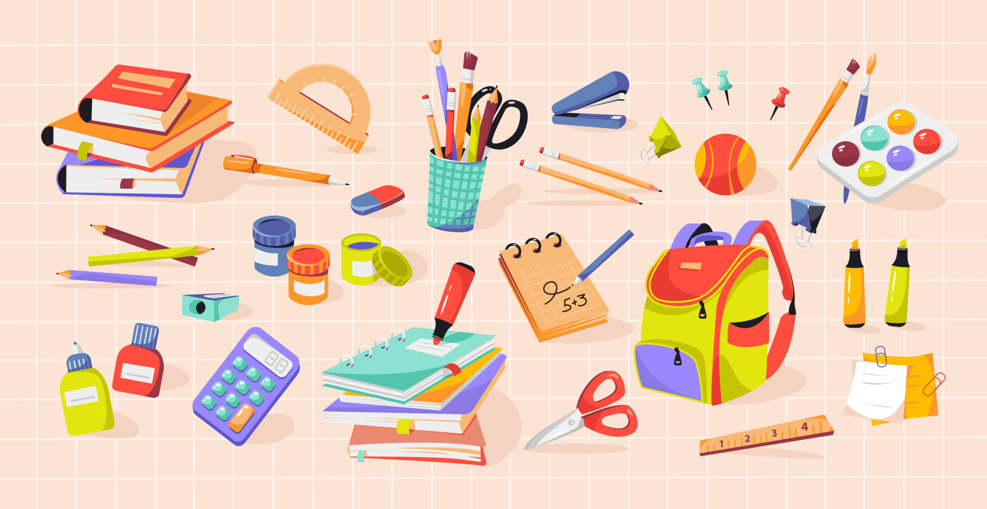 School supplies. Stacks of books, notebooks, writing supplies for the