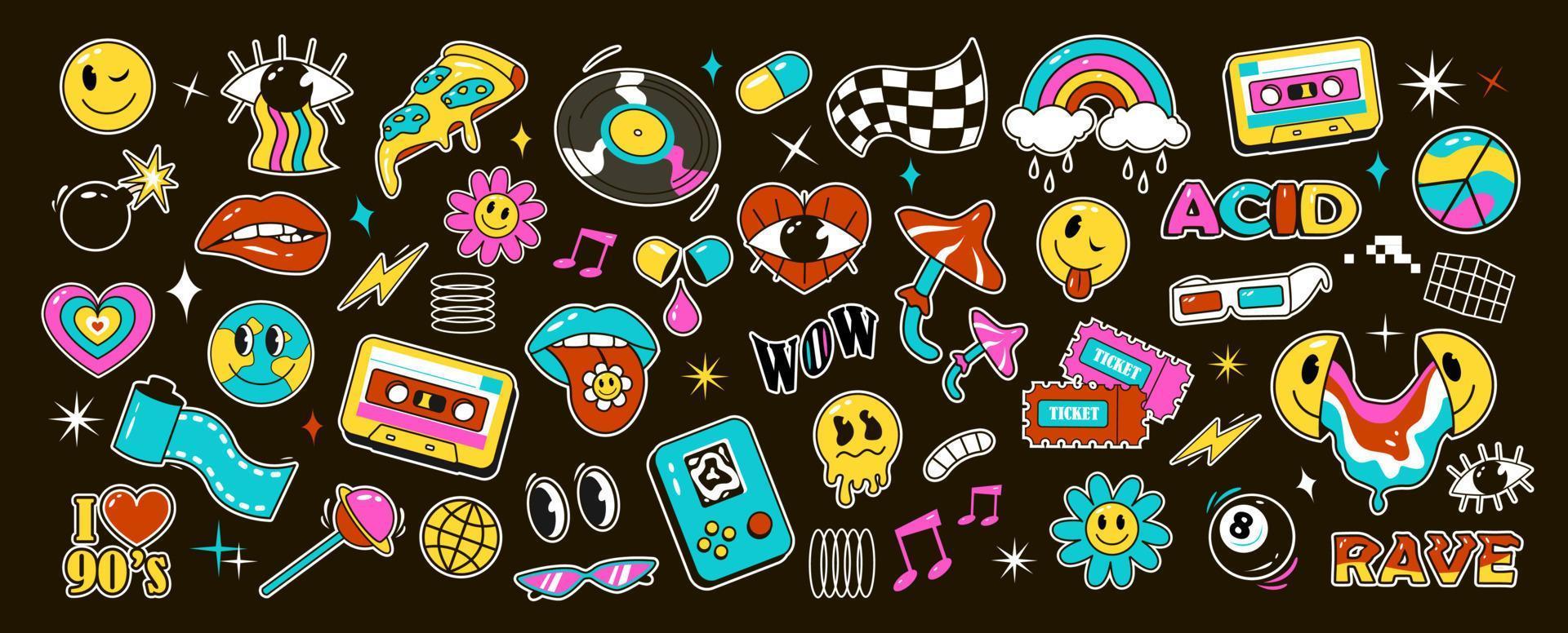 Psychedelic trippy Acid abstract characters and objects. In a cartoon style, a set of bright psychedelics. vector