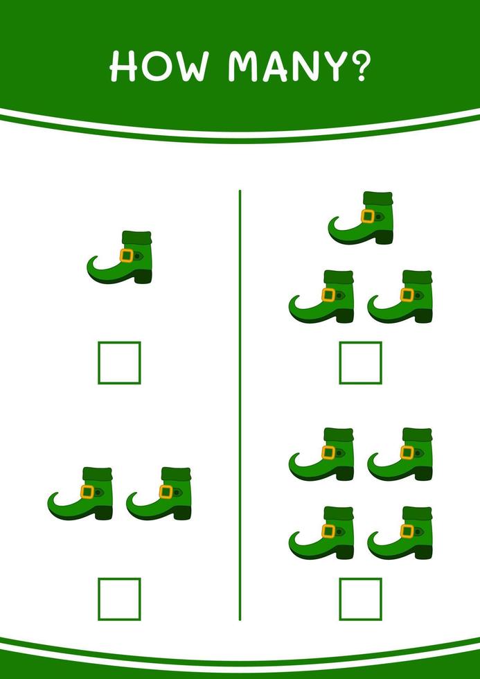 How many of Leprechaun boot, game for children. Vector illustration, printable worksheet