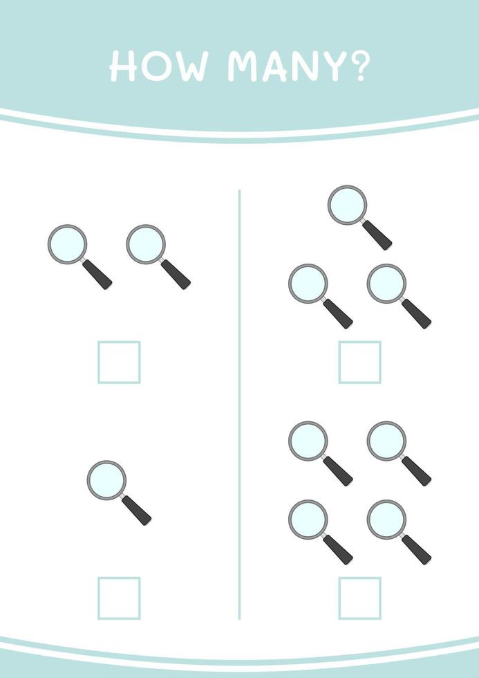 How many of Magnifying glass, game for children. Vector illustration, printable worksheet