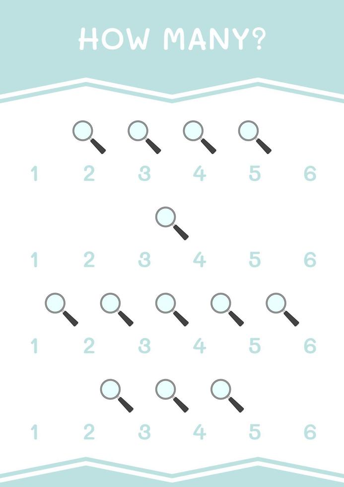 How many of Magnifying glass, game for children. Vector illustration, printable worksheet