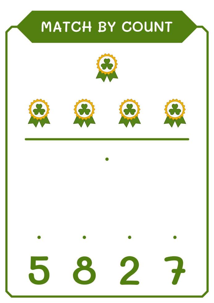 Match by count of Clover badge, game for children. Vector illustration, printable worksheet