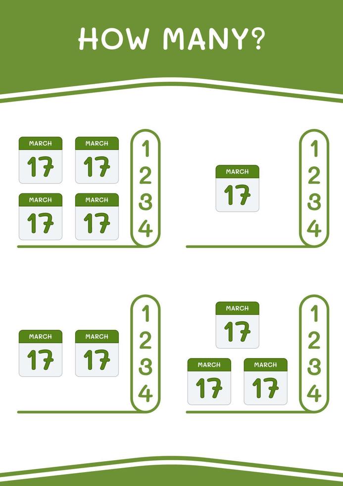 How many of Calender, game for children. Vector illustration, printable worksheet