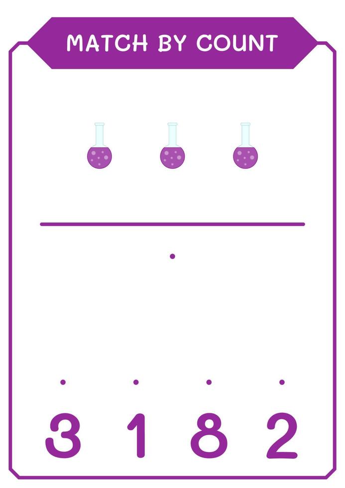 Match by count of Chemistry flask, game for children. Vector illustration, printable worksheet