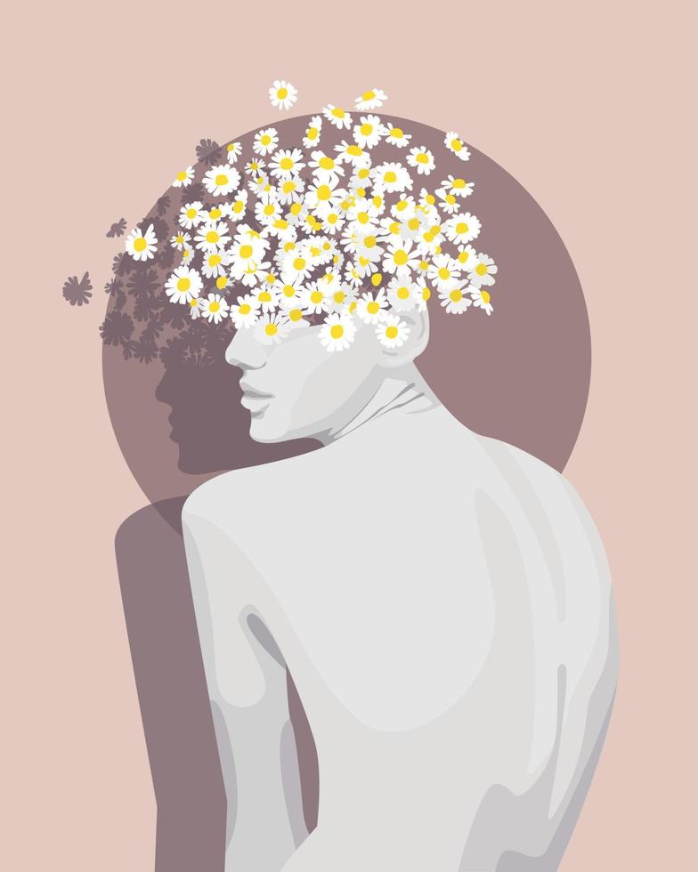 una combinación de escultura de piedra y margaritas suaves y delicadas. ramo de hermosas flores de manzanilla. ilustración vectorial vector