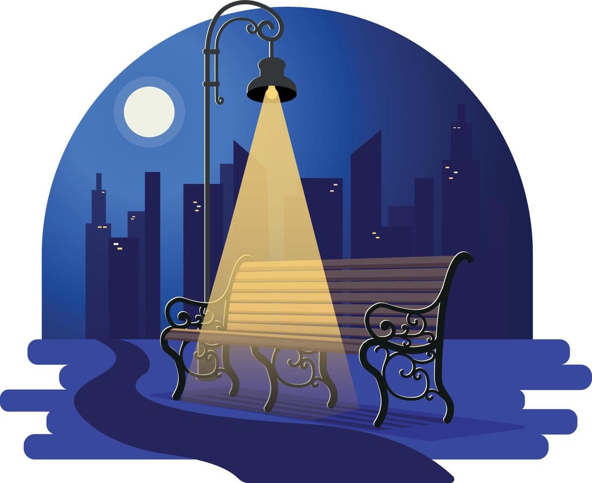 Bench Illuminated By Street Lamps. Street light vector illustration. Fabulous and romantic night. Bench Illuminated By Street Lamps. Under the lantern and the moon. Bench Illuminated By Street Lamps.