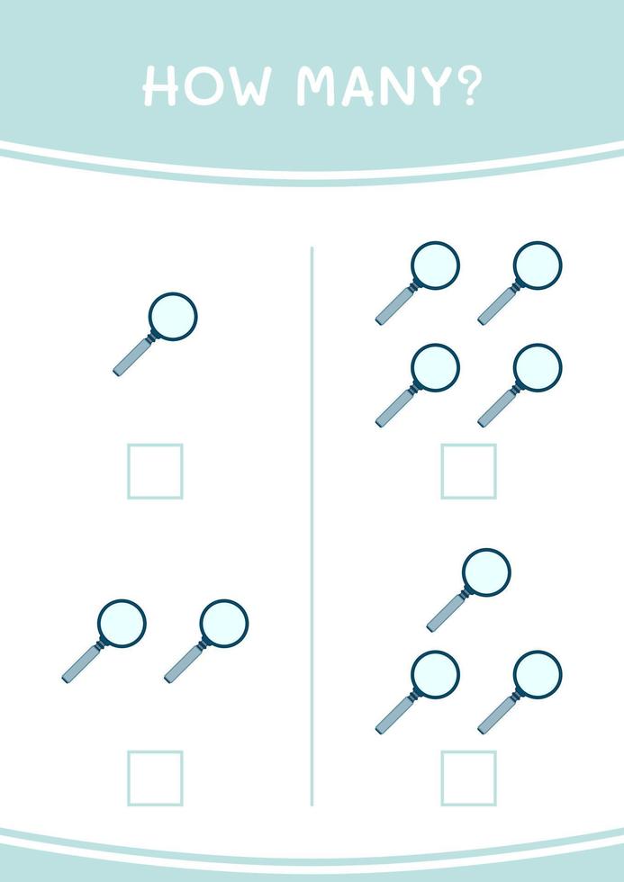 How many of Magnifying glass, game for children. Vector illustration, printable worksheet