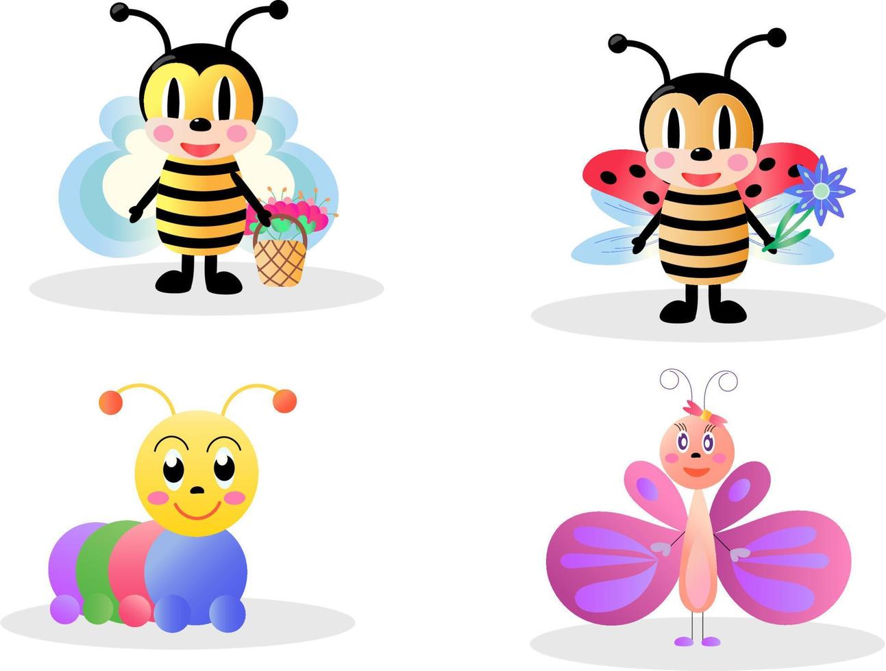 poner lindos insectos. ilustración vectorial brillante en estilo de dibujos animados. mariposa, abeja, oruga, mariquita. vector