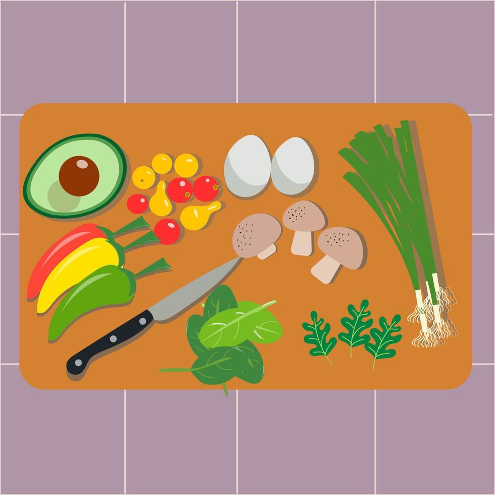 Set of vegetables on a cutting board. Avocado, tomatoes, peppers, eggs, mushrooms, onions, spinach. Vector flat illustration.