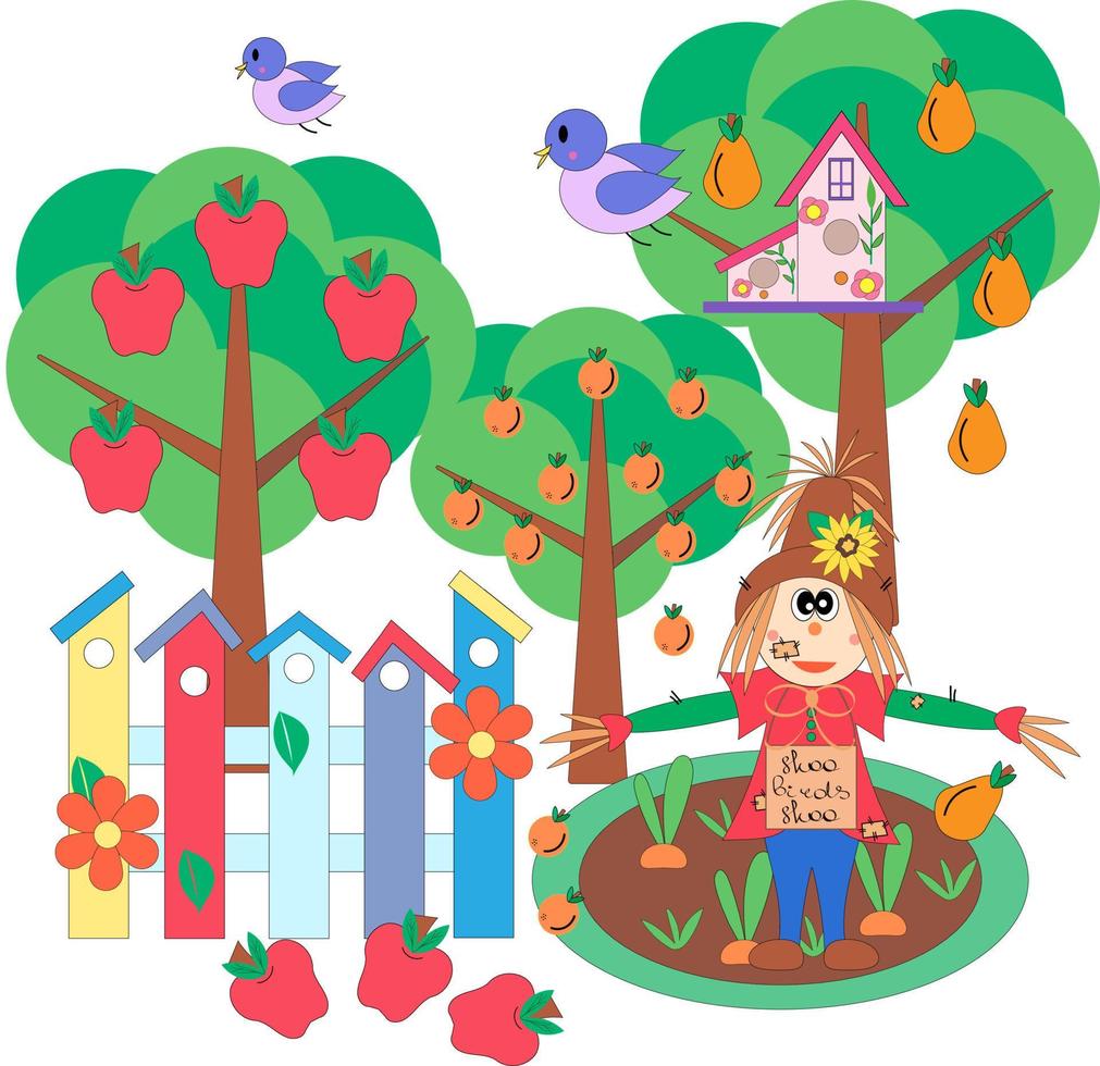 ambientado en el tema de la cosecha. lindo espantapájaros, árboles frutales y zanahorias. ilustración de dibujos animados vector