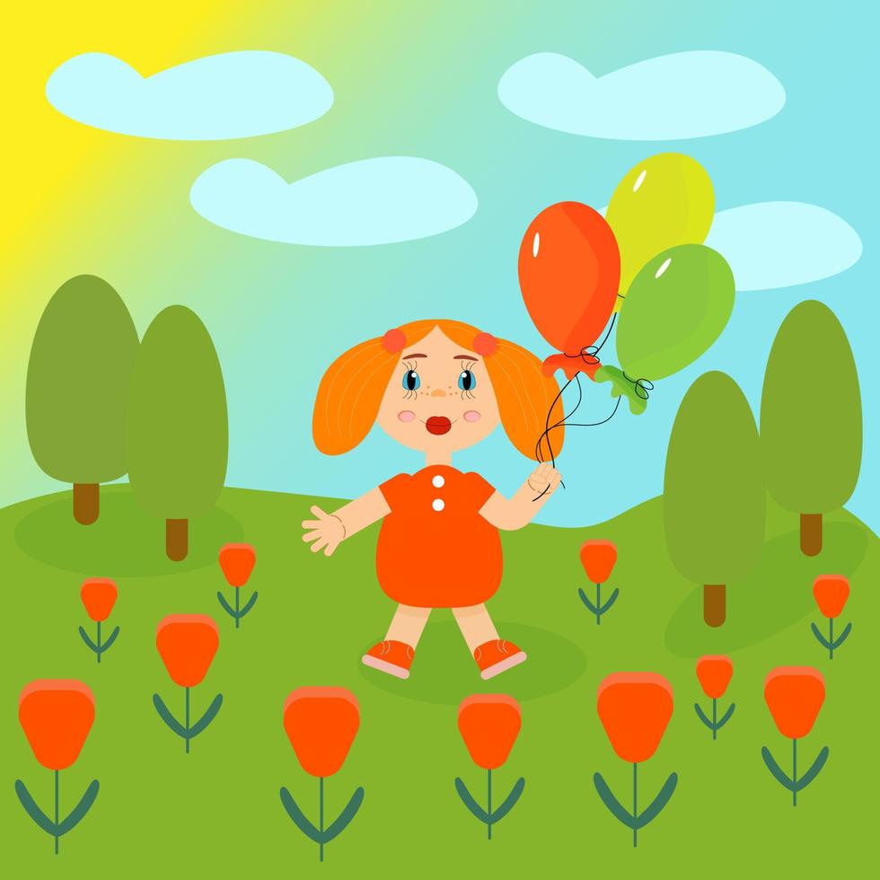 linda niña con pecas. caminando con globos. ilustración de dibujos animados vector