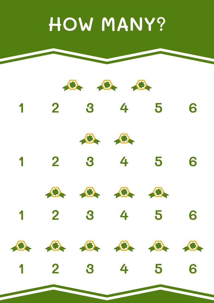 How many of Clover badge, game for children. Vector illustration, printable worksheet