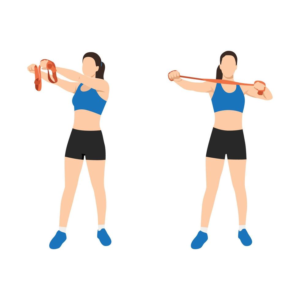 mujer haciendo ejercicio en la parte superior de la espalda arquero con ejercicio de banda de resistencia larga. ilustración vectorial plana aislada sobre fondo blanco vector