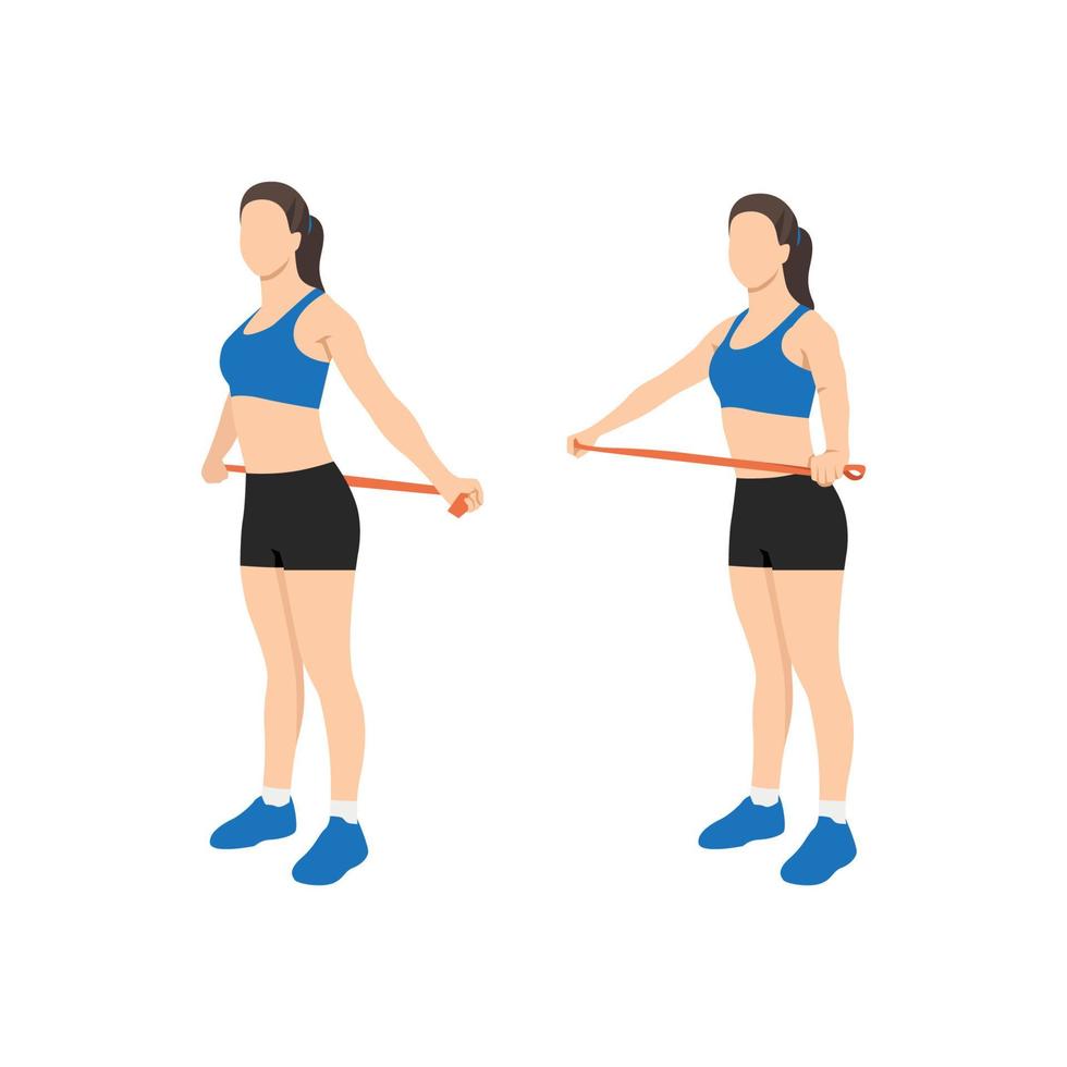 Woman doing Shoulder stretch with long resistance band exercise. Flat vector illustration isolated on white background