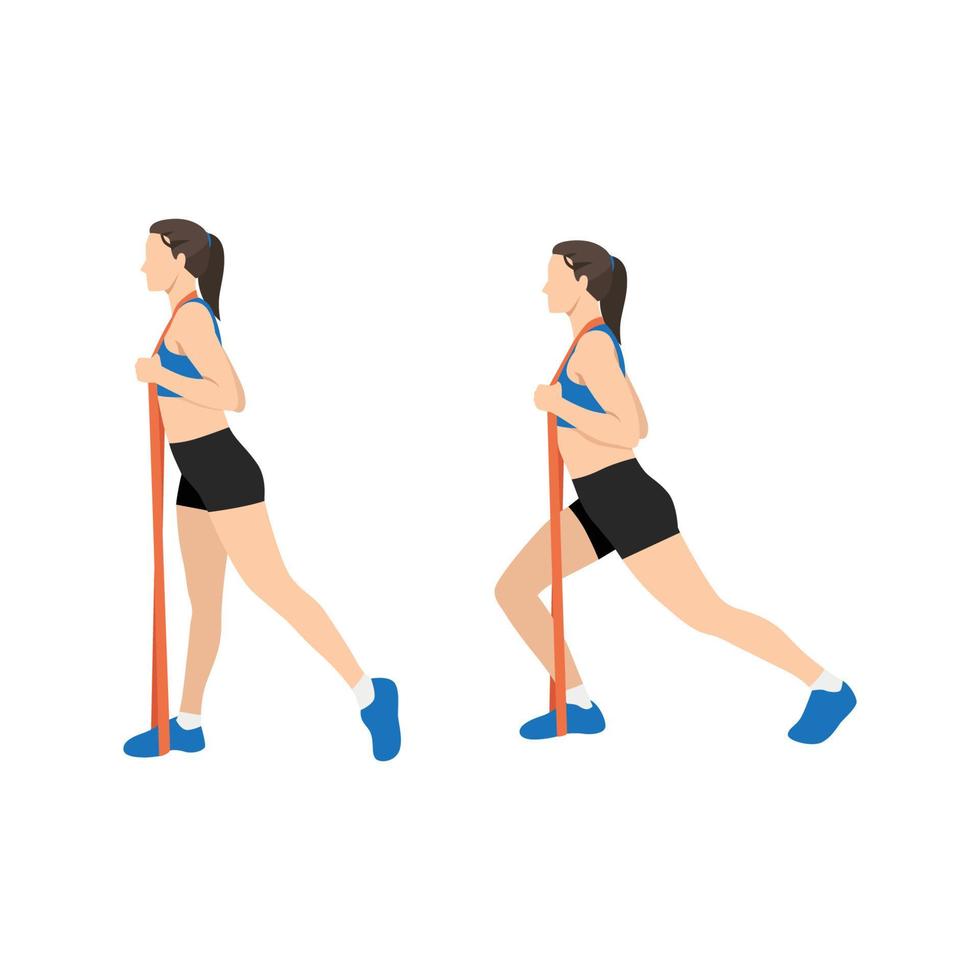 Woman doing Lunge with long resistance band exercise. Flat vector illustration isolated on white background