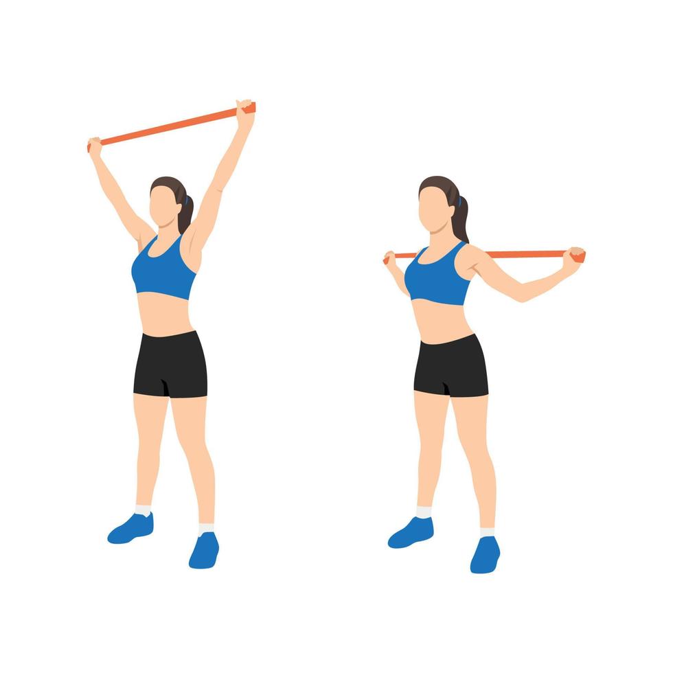 Woman doing Upper back overhead pull down with long resistance band exercise. Flat vector illustration isolated on white background