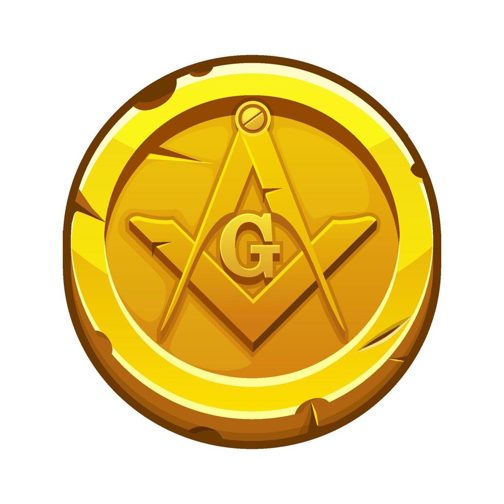 Golden coin with masonic compasses and square. Vector Masonic Symbol, sacred society.