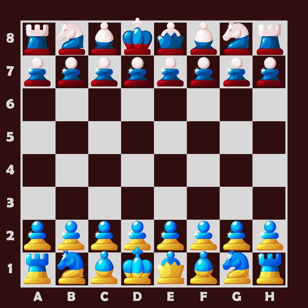 Juego de piezas para un juego de tablero de ajedrez. ajedrez en los colores de la bandera de ucrania y la bandera de rusia. vector