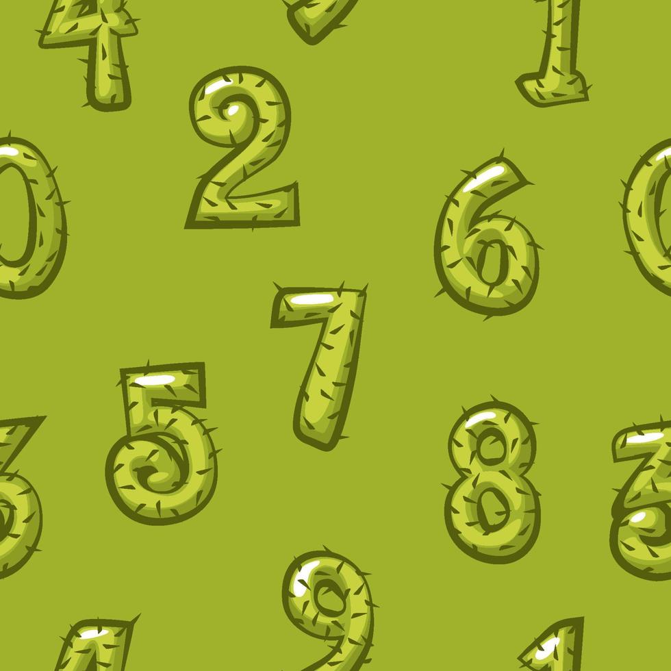 Cartoon cactus numbers seamless pattern, background green bright figures for game ui. vector