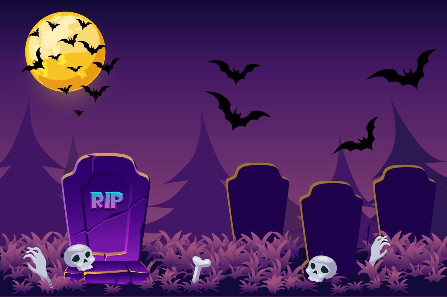 Night simple Halloween background, scary cemetery skull for game. vector