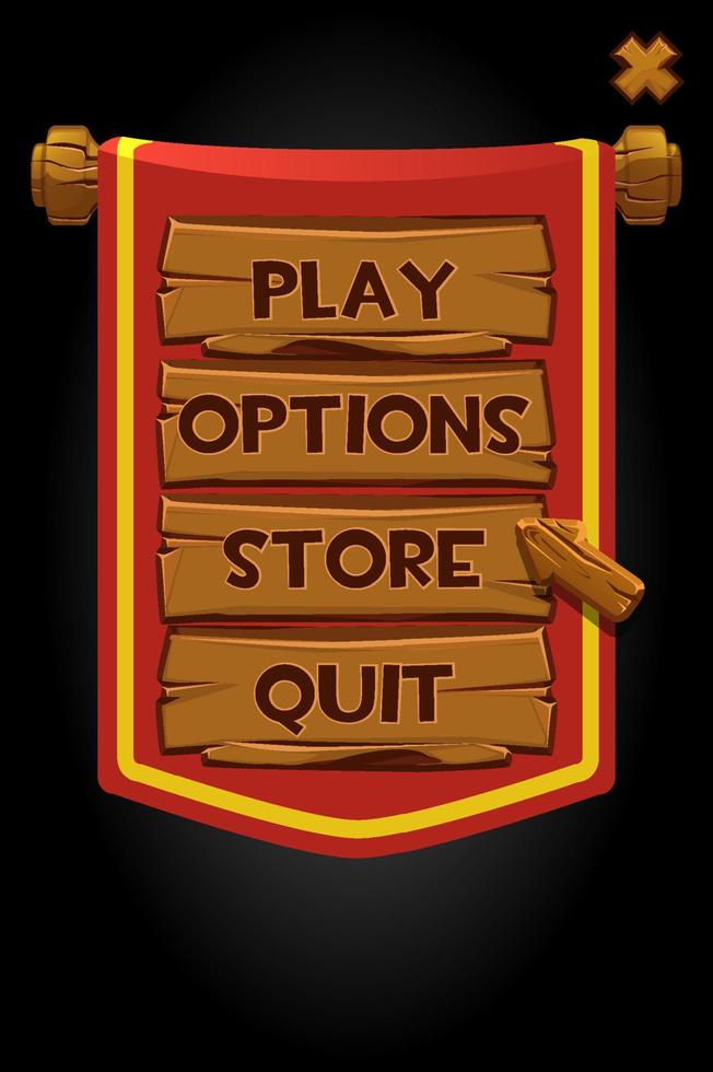 Pop up banner wood panels and red flag for game. Vector illustration of a custom menu window, wooden buttons and arrow.