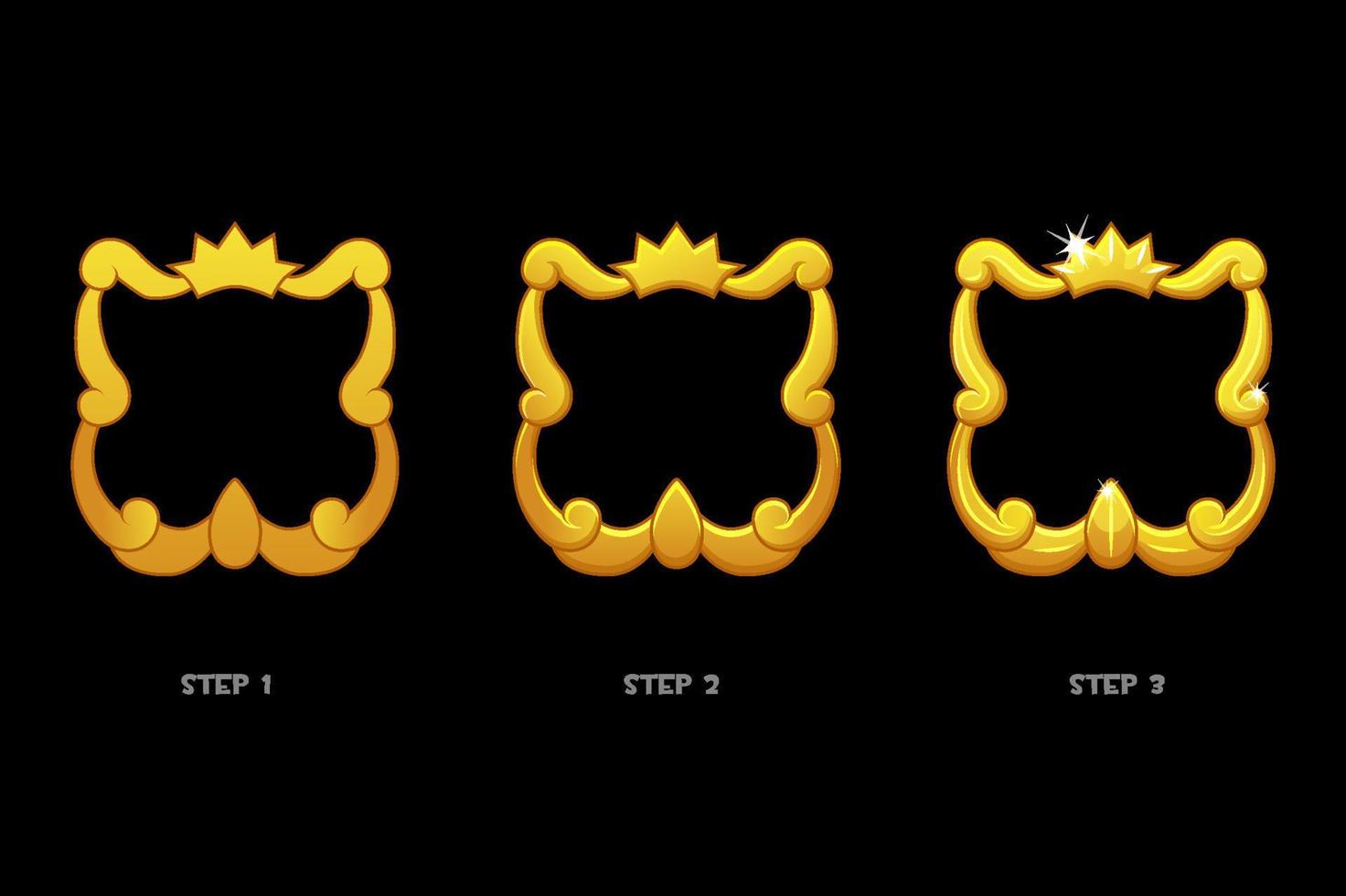 Gold frame templates with crown, blank avatar 3 steps of drawing for game. vector