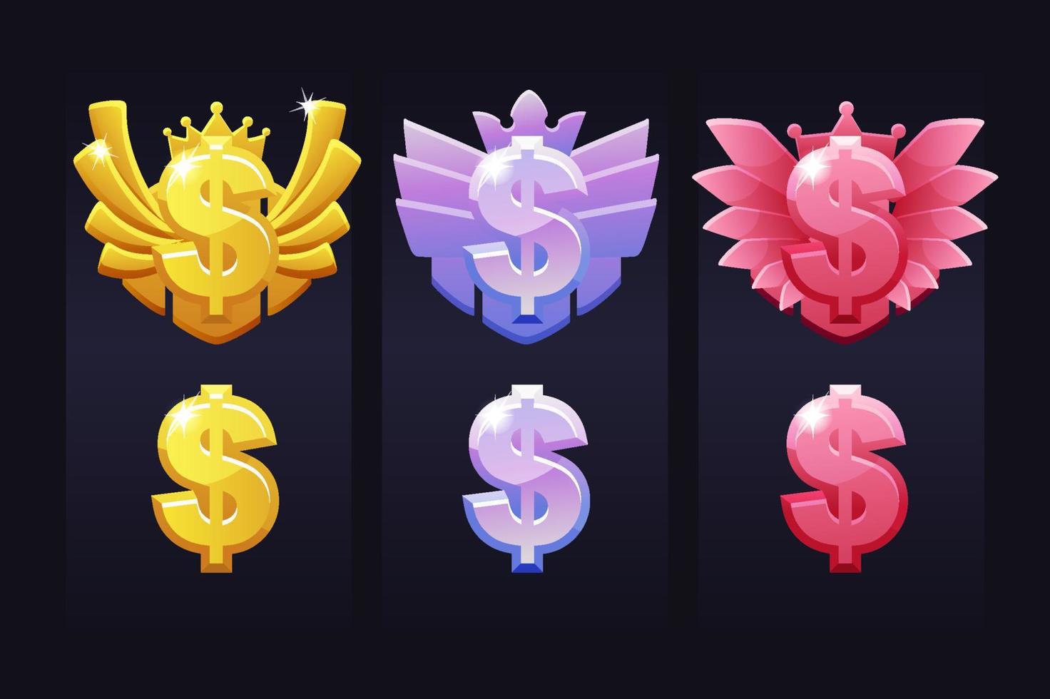 Achievement dollar sign for the game, award emblems for winner. Vector illustration set money in currency icons for graphic design.