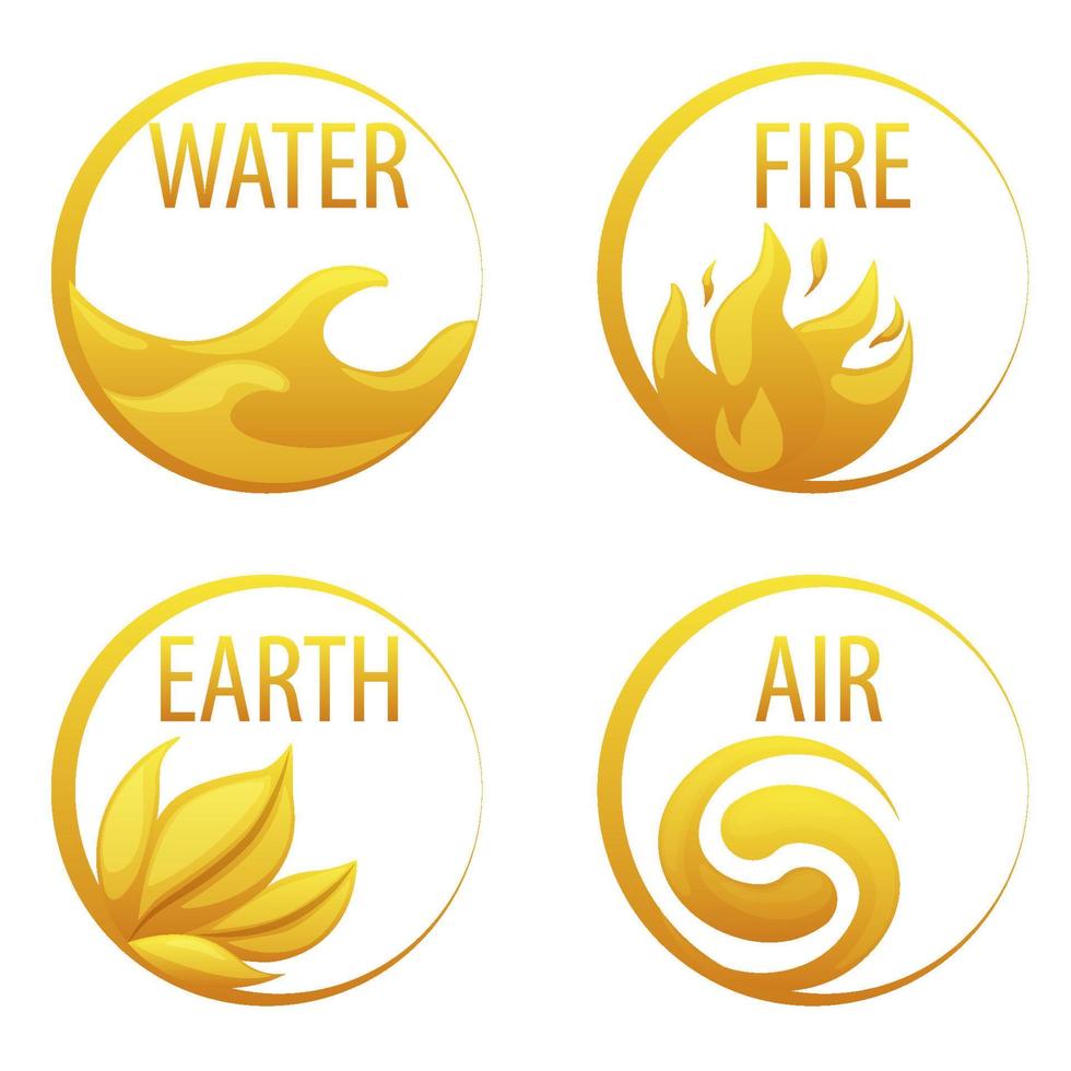 4 elementos naturaleza, iconos dorados agua, tierra, fuego, aire para el juego. ilustración vectorial establecer marcos redondos con signos de naturaleza para el diseño. vector