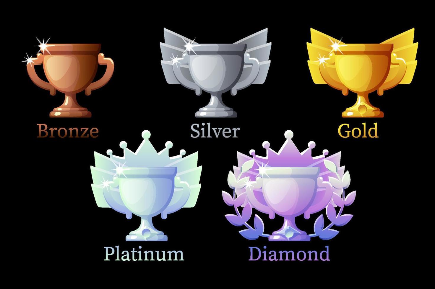copa de premios de rango de juego, oro, plata, platino, bronce, copas de diamantes para el juego. vector