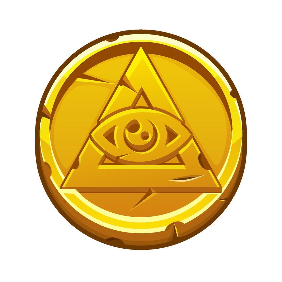 Golden coin with All-seeing eye. Pyramid and All-seeing eye, Freemasonry Masonic Symbol vector