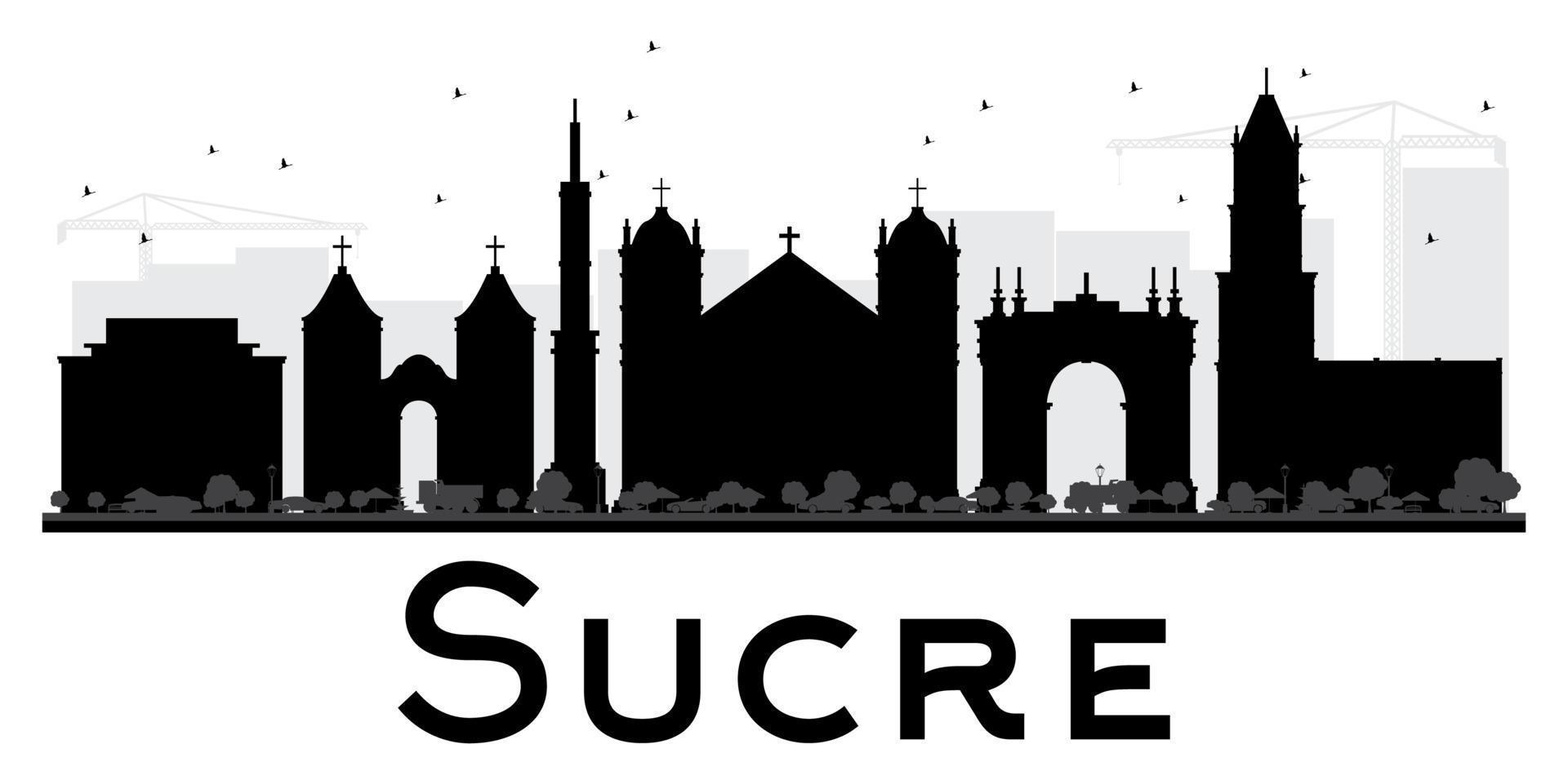 Sucre City skyline black and white silhouette. vector