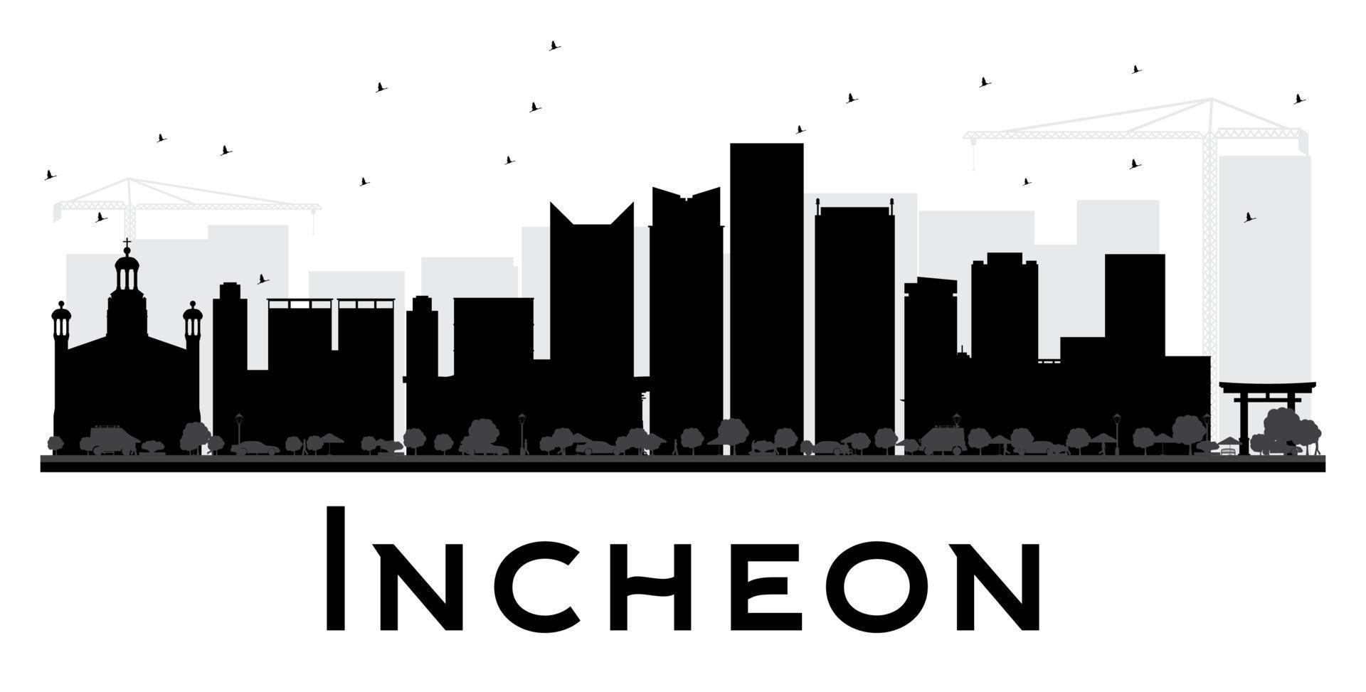 Incheon City skyline black and white silhouette. vector