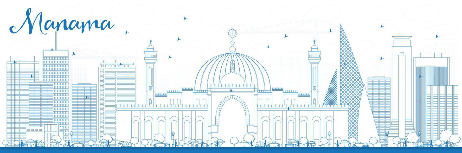 delinear el horizonte de manama con edificios azules. vector