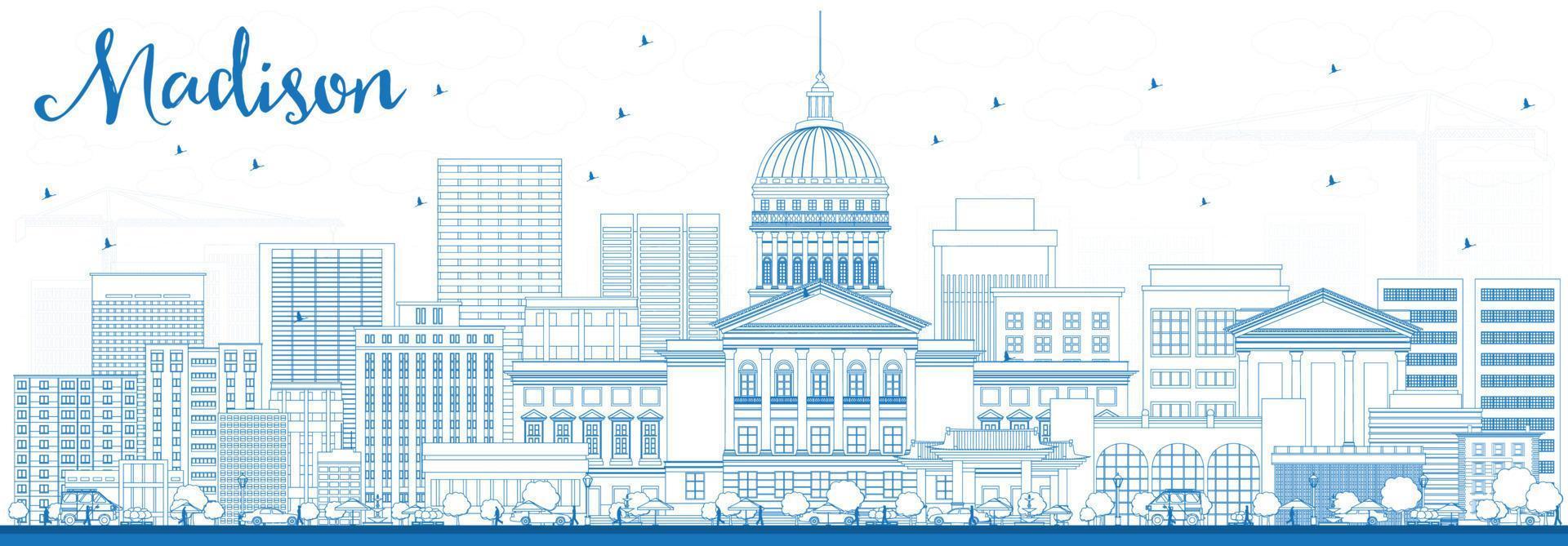 Outline Madison Skyline with Blue Buildings. vector