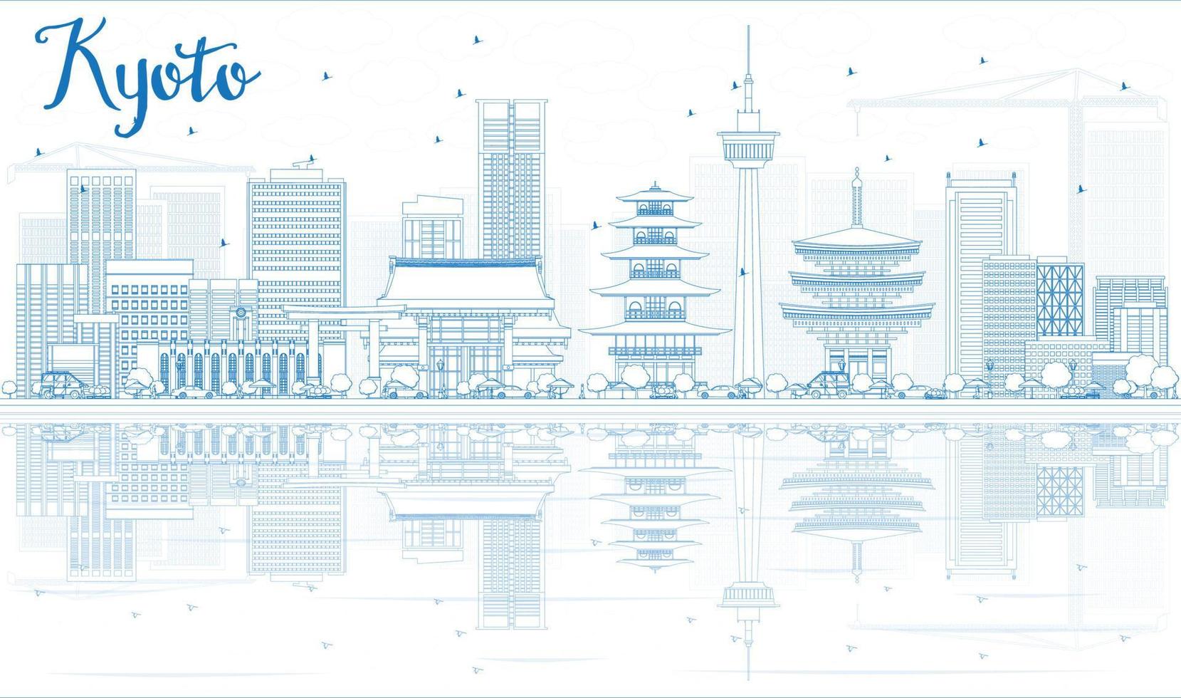 Outline Kyoto Skyline with Blue Landmarks and reflections. vector