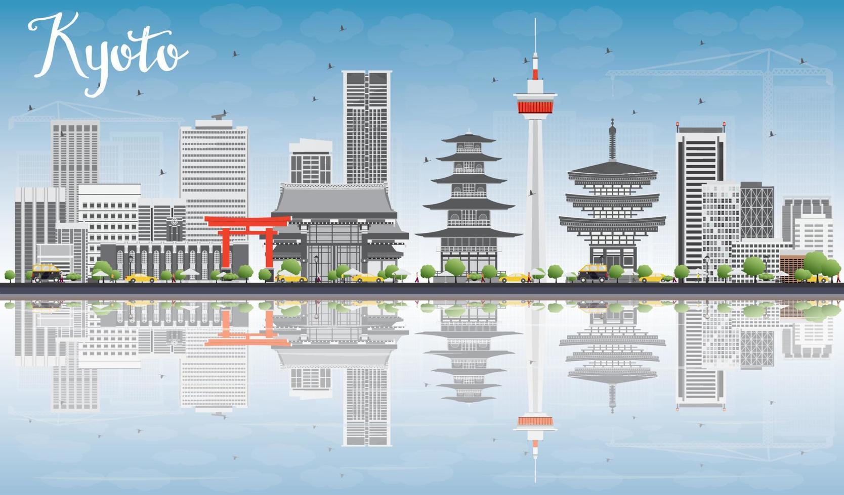 Kyoto Skyline with Gray Landmarks, Blue Sky and Reflections. vector