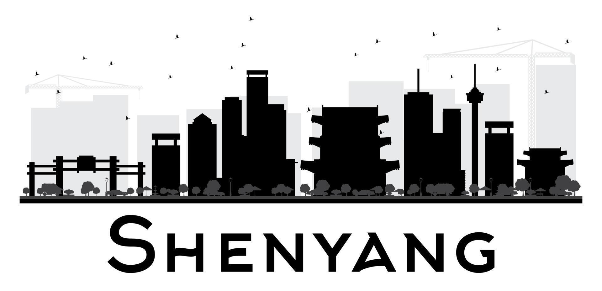 Shenyang City skyline black and white silhouette. vector