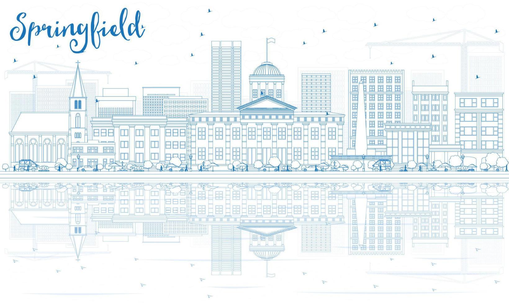 Outline Springfield Skyline with Blue Buildings and Reflections. vector