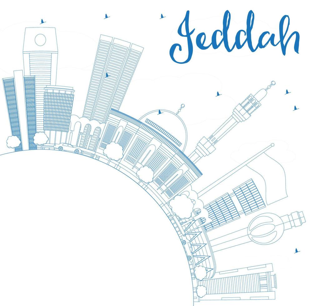 Outline Jeddah Skyline with Blue Buildings and Copy Space. vector