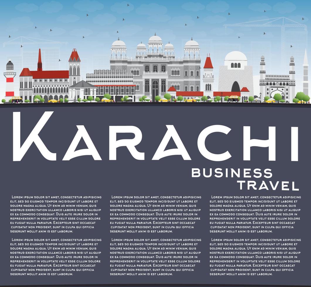 horizonte de karachi con puntos de referencia grises, cielo azul y espacio para copiar. vector