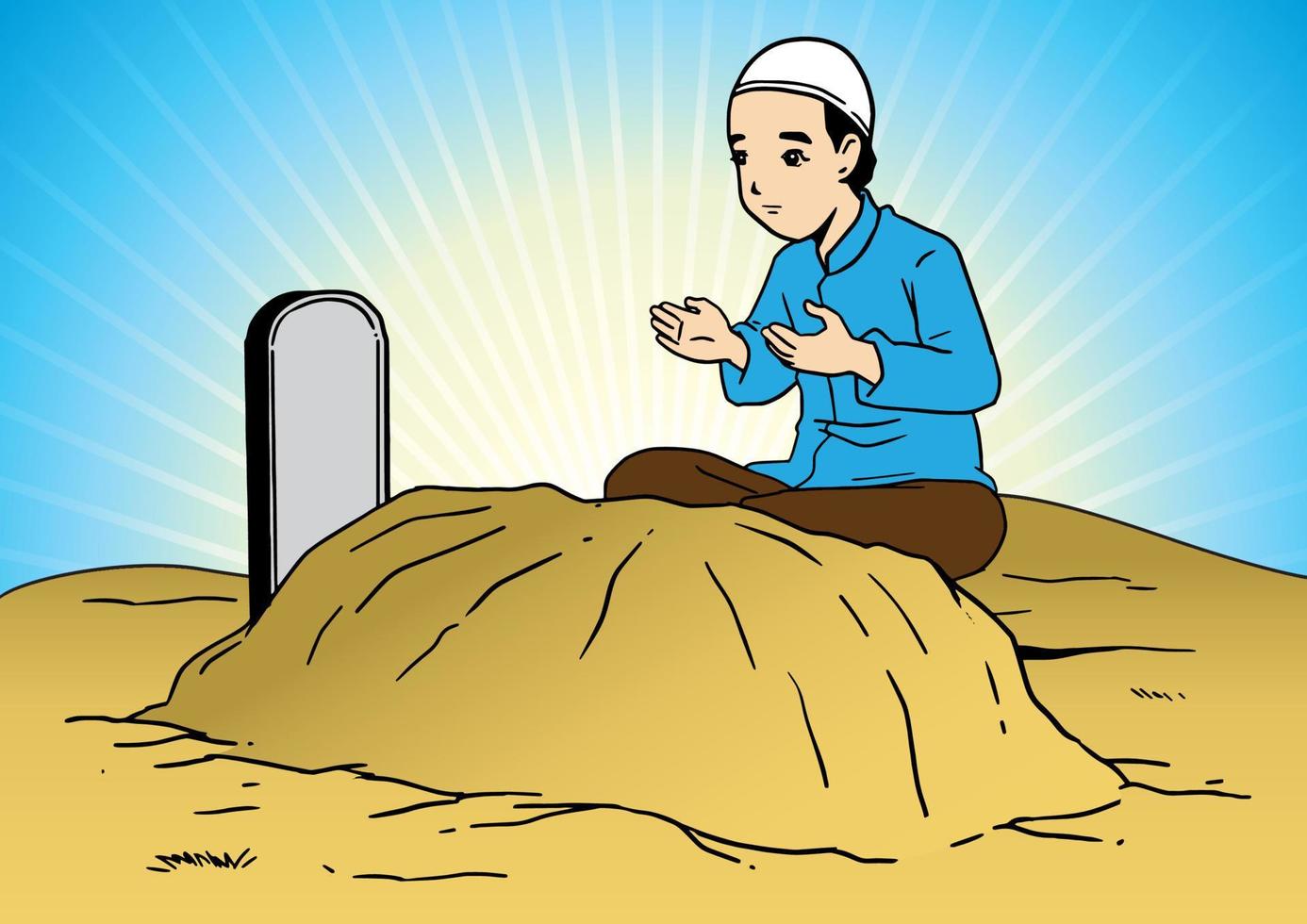 Muslim man praying at cemetery vector