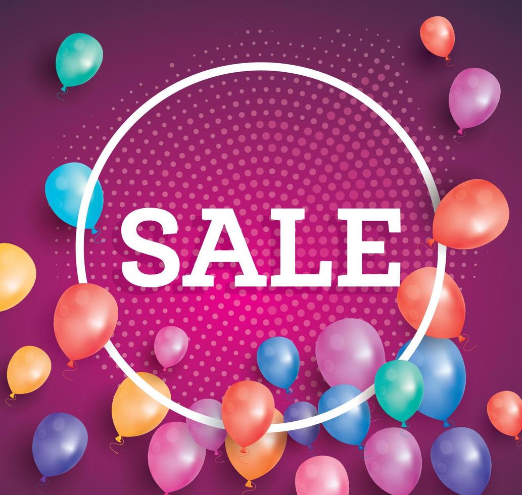 Sale poster on red background with flying balloons and white circle frame. vector