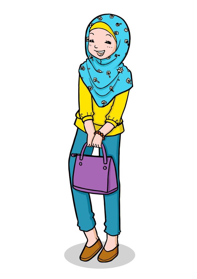 Trendy young muslim girl holding bag vector