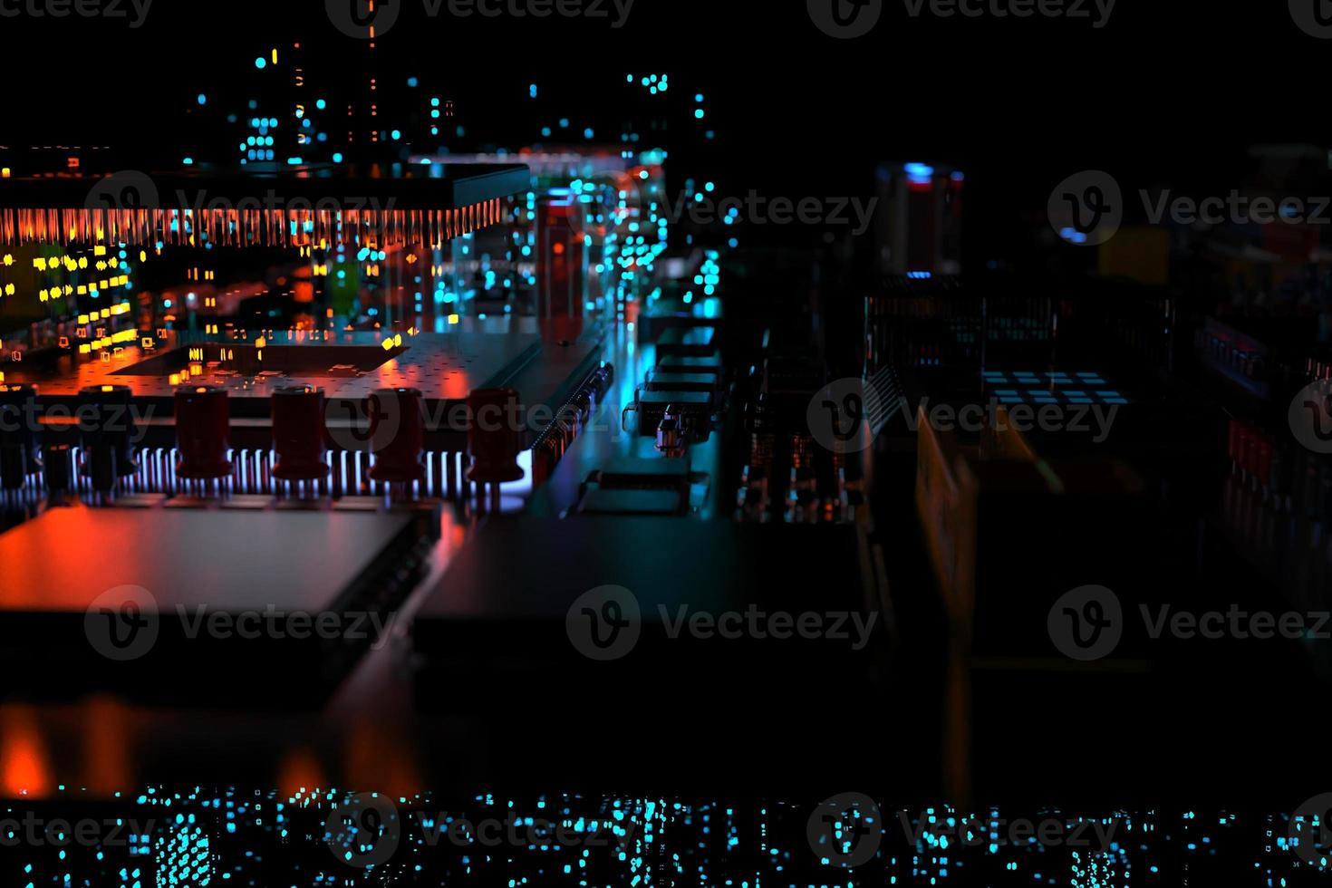 printed circuit board with microchips, processors and other computer parts on a dark background. 3d render photo