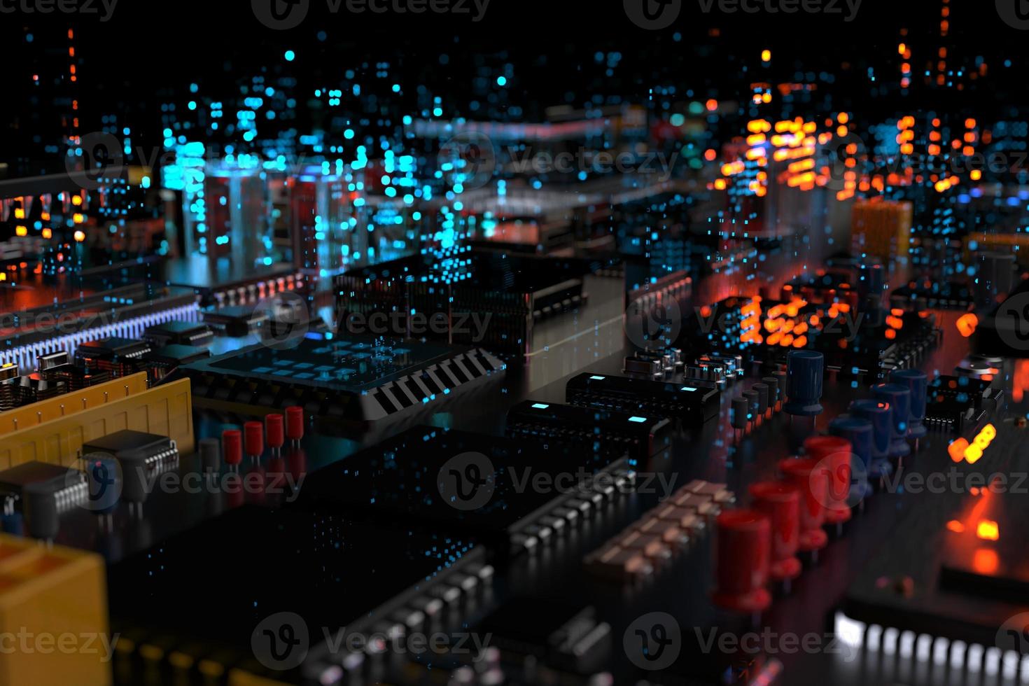 printed circuit board with microchips, processors and other computer parts on a dark background. 3d render photo