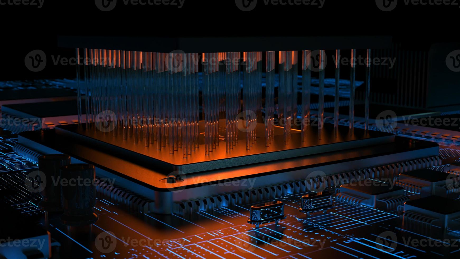 processor chip on a printed circuit board in red backlight. 3d illustration on the topic of technology and the power of artificial intelligence. photo