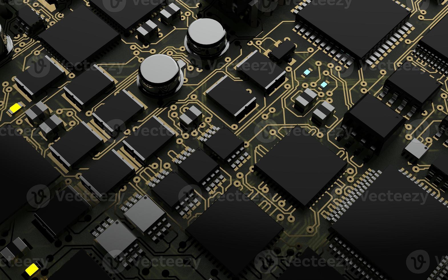 processor chip on a printed circuit board in red backlight. 3d illustration on the topic of technology and the power of artificial intelligence. photo